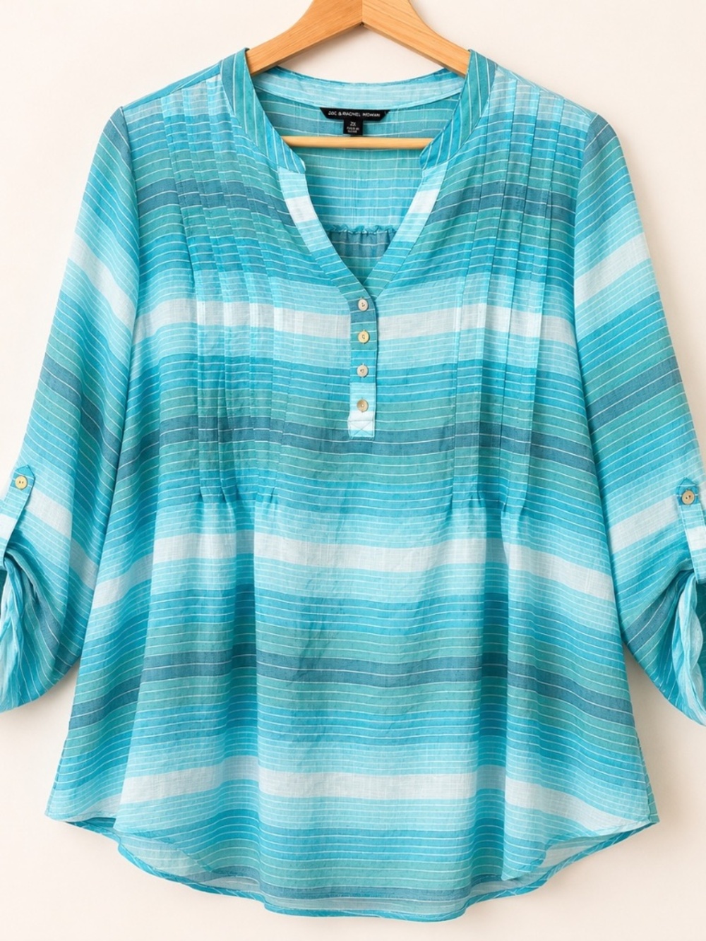 Zac & Rachel Woman 2X Aqua Striped Tunic Blouse Roll Tab Sleeve Plus Size